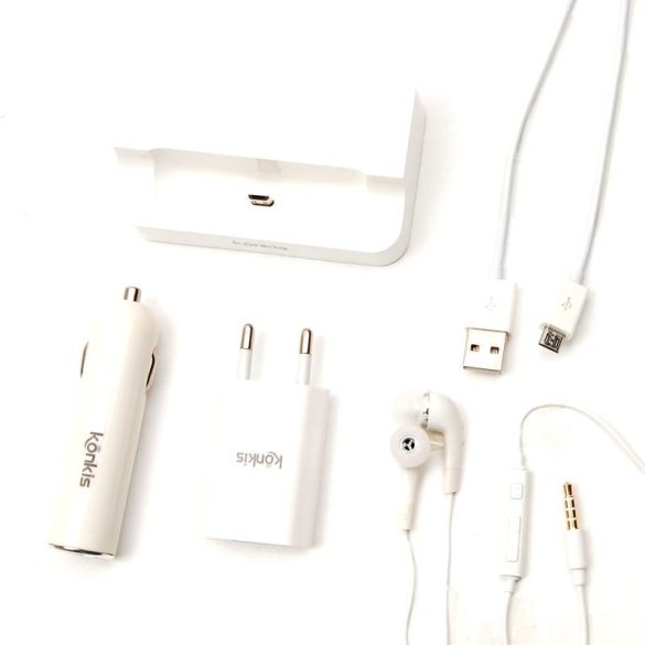 Vento Travel Kit 5 az 1-ben univerzális autós szivargyújtó töltő, adatkábel, fülhallgató, dokkoló, hálózati adapter, Micro USB, 1000mAh, fehér