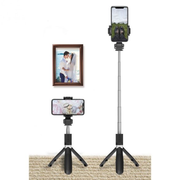 Tech-Protect L01S Bluetooth selfie stick, szelfi bot, háromlábú kitámasztó funkcióval, távirányítóval, fekete