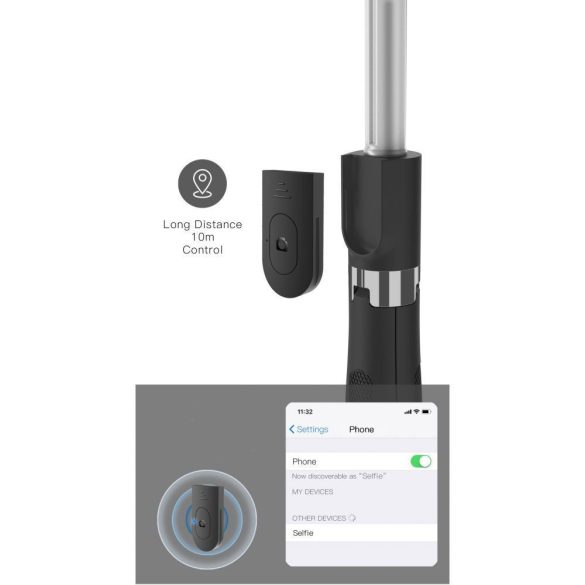 Tech-Protect L01S Bluetooth selfie stick, szelfi bot, háromlábú kitámasztó funkcióval, távirányítóval, fekete