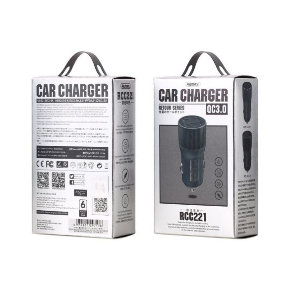 Remax RCC-221 univerzális autós töltő, 2xUSB, Quick Charge 3.0, 2.4A, 30W, fehér