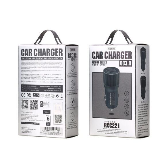 Remax RCC-221 univerzális autós szivargyújtó töltő, 2xUSB, Quick Charge 3.0, 2.4A, 30W, fehér