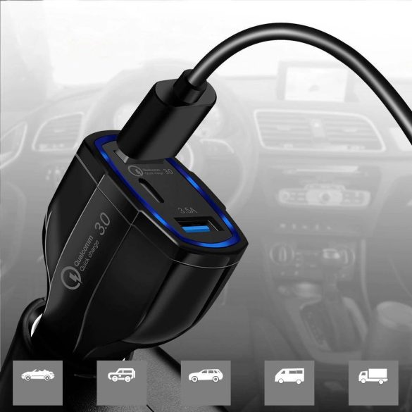 Wozinsky WCC-01 univerzális autós töltő, gyorstöltő, 2xUSB, 1xUSB-C, fekete