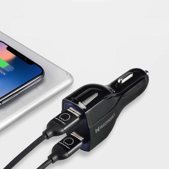 Wozinsky WCC-01 univerzális autós töltő, gyorstöltő, 2xUSB, 1xUSB-C, fekete