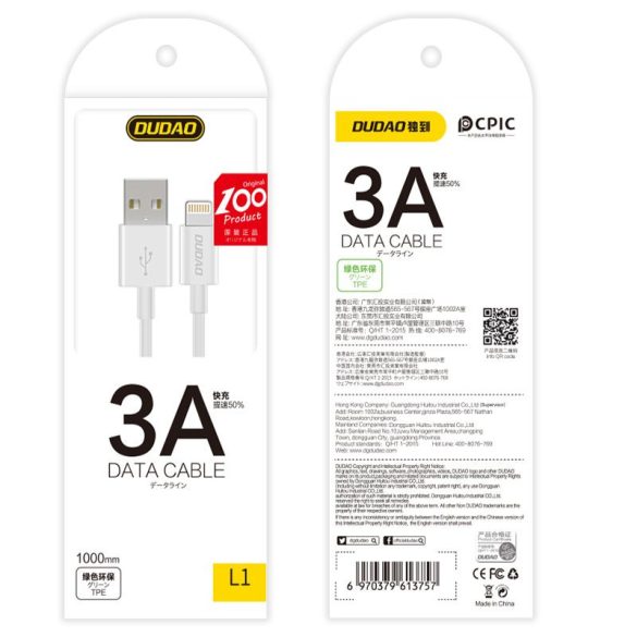 Dudao USB/USB-C kábel adat- és töltőkábel, 3A 1m, fehér