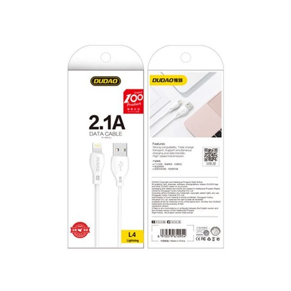 Dudao USB/Lightning adat- és töltőkábel iPhone, iPad készülékekhez, 2.1A 2m, fehér
