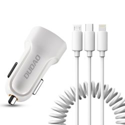   Dudao Car Kit 2xUSB autós szivargyujtó töltő, 2,4A + 3in1 kábel: USB/micro USB & Lightning & USB-C, fehér