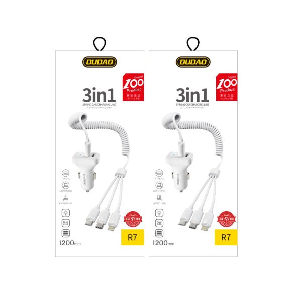 Dudao Car Kit 2xUSB autós töltő, 2,4A + 3in1 kábel: USB/micro USB & Lightning & USB-C, fehér