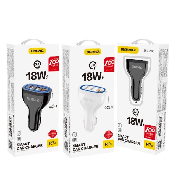 Dudao univerzális autós töltő, gyorstöltő, 3xUSB, QC3.0 2.4A, fehér