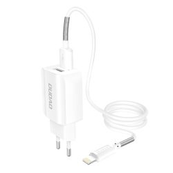   Dudao Travel Wall Charger hálózati töltő adapter 5V/2.4A, 2xUSB, USB/Lightning kábellel, fehér