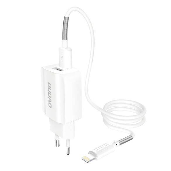 Dudao Travel Wall Charger hálózati töltő adapter 5V/2.4A, 2xUSB, USB/Lightning kábellel, fehér