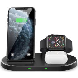   Tech-Protect W55 3in1 Qi Wireless Charger, AirPods, Apple Watch és mobiltelefon vezeték nélküli töltő, 15W, fekete