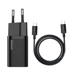   Baseus Super Si TZCCSUP-L01 USB-C hálózati töltő adapter, és USB-C/USB-C 1m kábel, gyorstöltő, 25W, PD, 3A, fekete