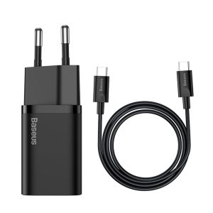 Baseus Super Si TZCCSUP-L01 USB-C hálózati töltő adapter, és USB-C/USB-C 1m kábel, gyorstöltő, 25W, PD, 3A, fekete