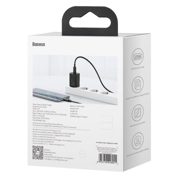 Baseus Super Si TZCCSUP-L01 USB-C hálózati töltő adapter, és USB-C/USB-C 1m kábel, gyorstöltő, 25W, PD, 3A, fekete