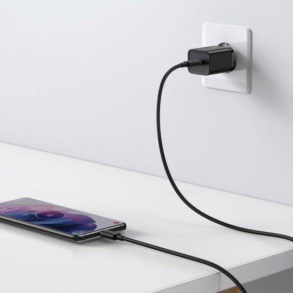 Baseus Super Si TZCCSUP-L01 USB-C hálózati töltő adapter, és USB-C/USB-C 1m kábel, gyorstöltő, 25W, PD, 3A, fekete