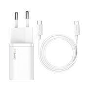   Baseus Super Si TZCCSUP-L02 USB-C hálózati töltő adapter, és USB-C/USB-C 1m kábel, gyorstöltő, 25W, PD, 3A, fehér