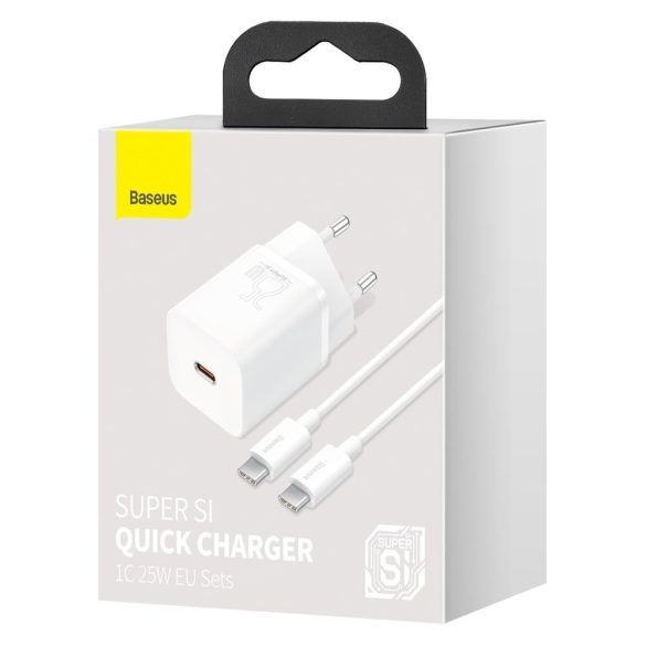 Baseus Super Si TZCCSUP-L02 USB-C hálózati töltő adapter, és USB-C/USB-C 1m kábel, gyorstöltő, 25W, PD, 3A, fehér