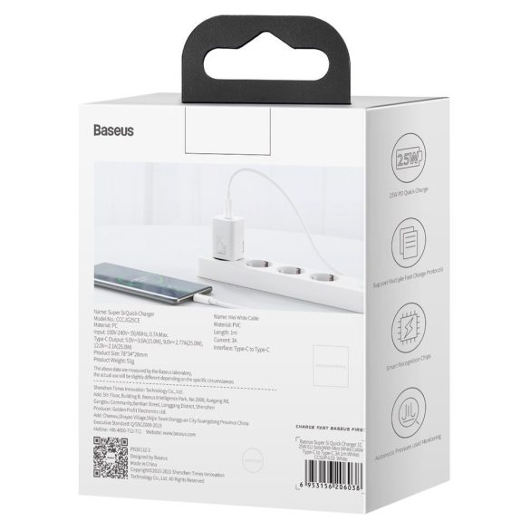 Baseus Super Si TZCCSUP-L02 USB-C hálózati töltő adapter, és USB-C/USB-C 1m kábel, gyorstöltő, 25W, PD, 3A, fehér