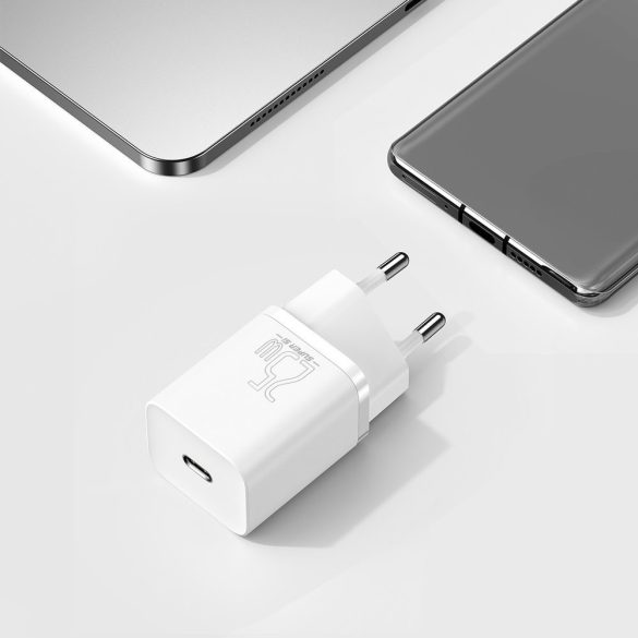 Baseus Super Si TZCCSUP-L02 USB-C hálózati töltő adapter, és USB-C/USB-C 1m kábel, gyorstöltő, 25W, PD, 3A, fehér