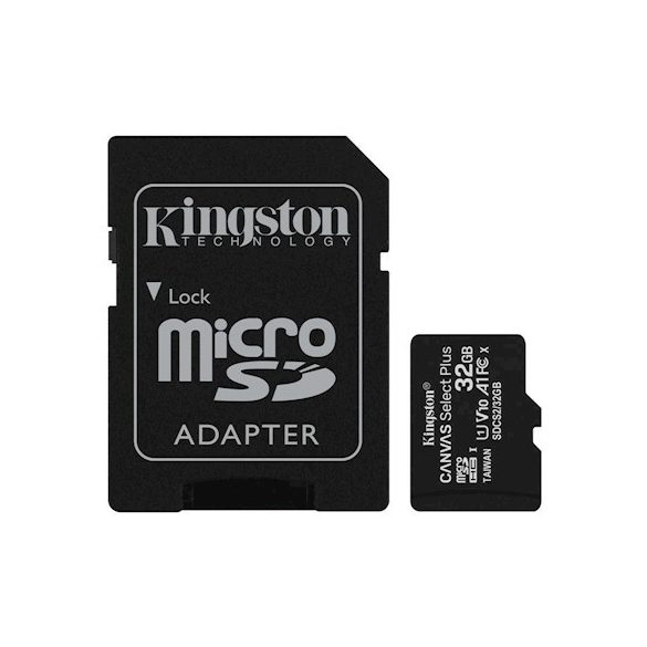 Kingston Canvas Select Plus micro SDHC, 32GB, class 10, UHS-I, 100 MB/s, memóriakártya adapterrel