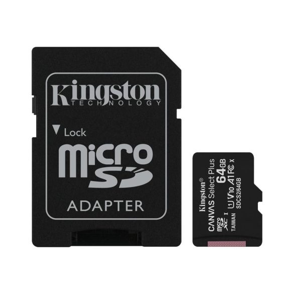 Kingston Canvas Select Plus micro SDHC, 64GB, class 10, UHS-I, 100 MB/s, memóriakártya adapterrel