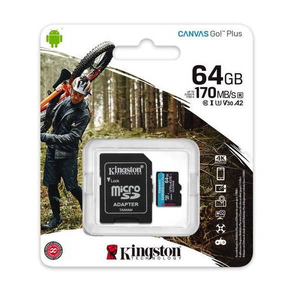 Kingston Canvas Go! Plus micro SDXC, 64GB, class 10, UHS-I, 170 MB/s, memóriakártya adapterrel