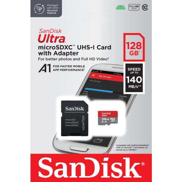 SanDisk Ultra Android micro SDXC, 128GB, class 10, UHS-I, 140 MB/s, memóriakártya adapterrel