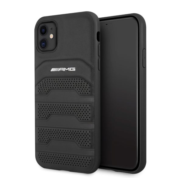 AMG iPhone 11 Leather Debossed Lines eredeti bőr (AMHCN61GSEBK) hátlap, tok, fekete