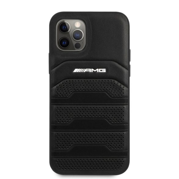 AMG iPhone 12/12 Pro Leather Debossed Lines eredeti bőr (AMHCP12MGSEBK) hátlap, tok, fekete