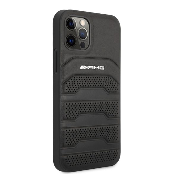 AMG iPhone 12/12 Pro Leather Debossed Lines eredeti bőr (AMHCP12MGSEBK) hátlap, tok, fekete