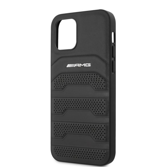 AMG iPhone 12/12 Pro Leather Debossed Lines eredeti bőr (AMHCP12MGSEBK) hátlap, tok, fekete