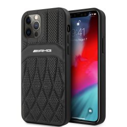   AMG iPhone 12/12 Pro Leather Curved Lines eredeti bőr hátlap, tok, fekete