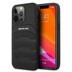   AMG iPhone 13 Pro Max Leather Debossed Lines eredeti bőr (AMHCP13XGSEBK) hátlap, tok, fekete