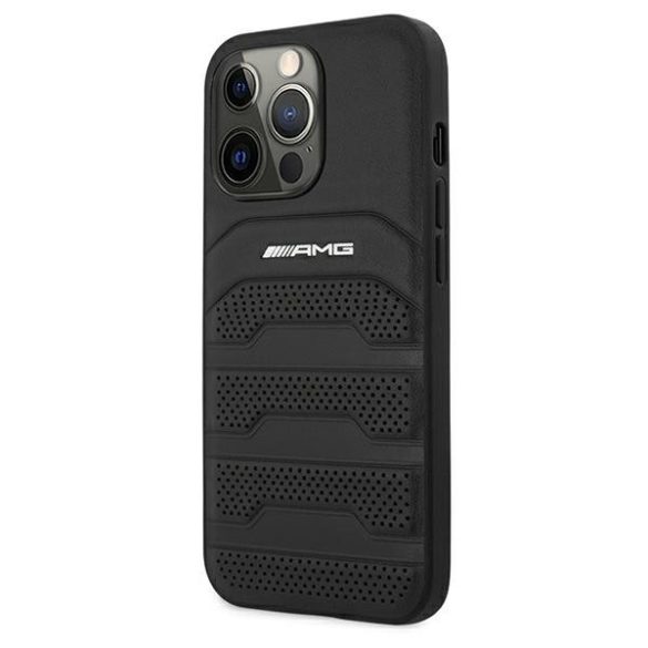 AMG iPhone 13 Pro Max Leather Debossed Lines eredeti bőr (AMHCP13XGSEBK) hátlap, tok, fekete