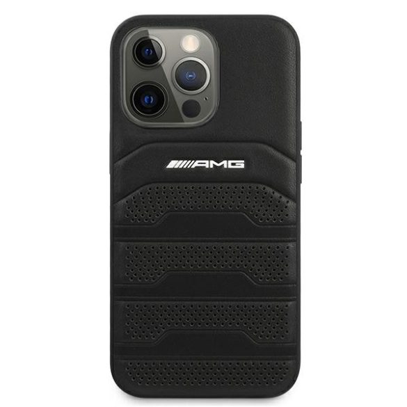 AMG iPhone 13 Pro Max Leather Debossed Lines eredeti bőr (AMHCP13XGSEBK) hátlap, tok, fekete