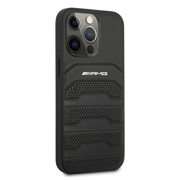 AMG iPhone 13 Pro Max Leather Debossed Lines eredeti bőr (AMHCP13XGSEBK) hátlap, tok, fekete