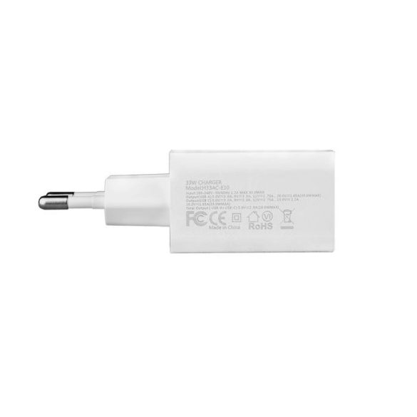 H33AC-E10 33W Travel Charger Dual USB-A+USB-C hálózati töltő adapter, gyorstöltés, 33W, fehér