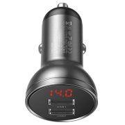   Baseus CCBX-0G Car Charger with Digital Display univerzális autós szivargyújtó töltő, 2xUSB-A, 2.4A, 24W, fekete