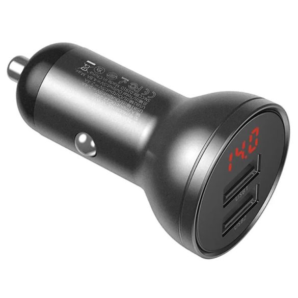 Baseus CCBX-0G Car Charger with Digital Display univerzális autós szivargyújtó töltő, 2xUSB-A, 2.4A, 24W, fekete