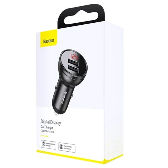 Baseus CCBX-0G Car Charger with Digital Display univerzális autós szivargyújtó töltő, 2xUSB-A, 2.4A, 24W, fekete