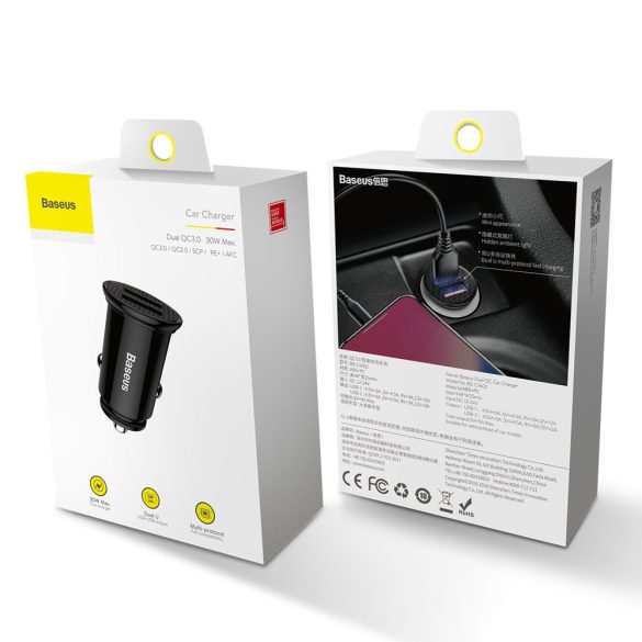 Baseus CCALL-YD01 Circular Car Charger univerzális autós szivargyújtó töltő, 2xUSB-A, QC3.0, 5A, 30W, fekete