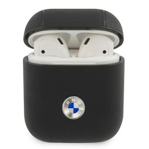 BMW Airpods 1/2 Geniune Leather Silver Logo valódi bőr (BMA2SSLBK) tok, fekete