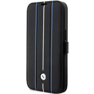 BMW iPhone 14 Pro Max bookcase Leather Stamp Blue Lines (BMBKP14X22RVSK) eredeti bőr oldalra nyíló tok, fekete