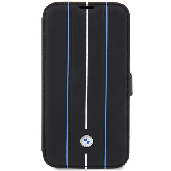 BMW iPhone 14 Pro Max bookcase Leather Stamp Blue Lines (BMBKP14X22RVSK) eredeti bőr oldalra nyíló tok, fekete