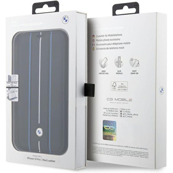 BMW iPhone 14 Pro Max bookcase Leather Stamp Blue Lines (BMBKP14X22RVSK) eredeti bőr oldalra nyíló tok, fekete