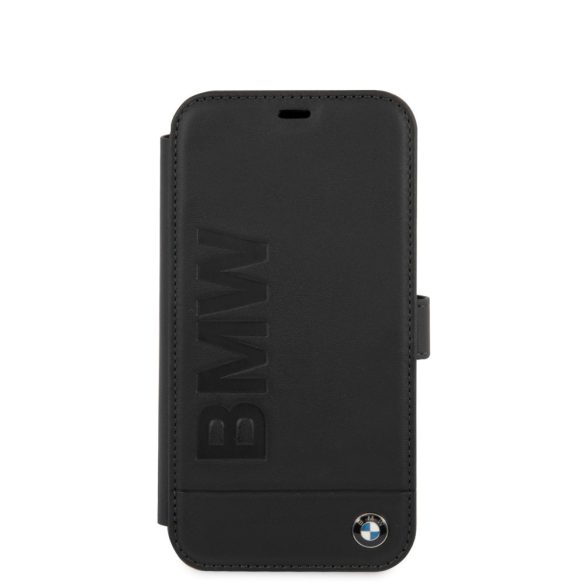 BMW iPhone 12 Mini 5,4" Signature (BMFLBKP12SSLLBK) eredeti bőr oldalra nyíló tok, fekete