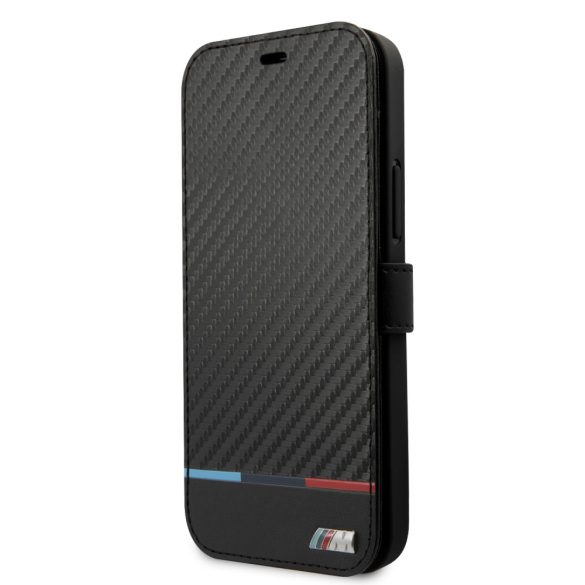 BMW iPhone 13 Mini M Collection Carbon Stripe (BMFLBKP13SPUCARTCBK) oldalra nyíló tok, fekete