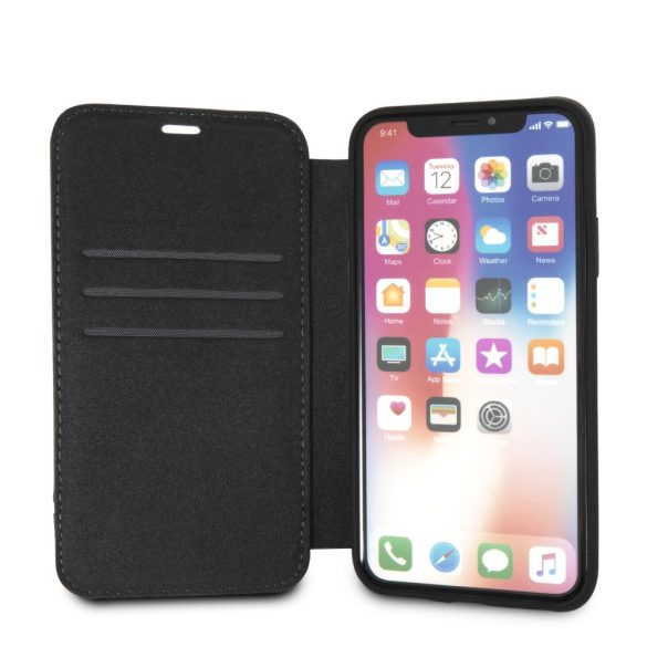 BMW iPhone X/Xs Signature Logo Imprint Leather (BMFLBKPXLLSB) oldalra nyíló tok, fekete