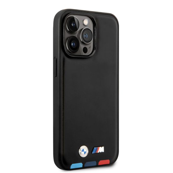 BMW iPhone 14 Pro Leather Stamp Tricolor (BMHCP14L22PTDK) hátlap, tok, fekete