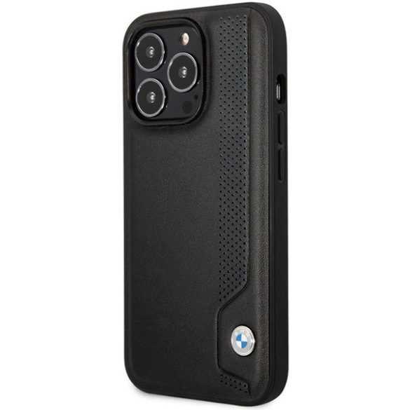 BMW iPhone 14 Pro Hardcase Leather Blue Dots (BMHCP14L22RBDK) eredeti bőr hátlap, tok, fekete